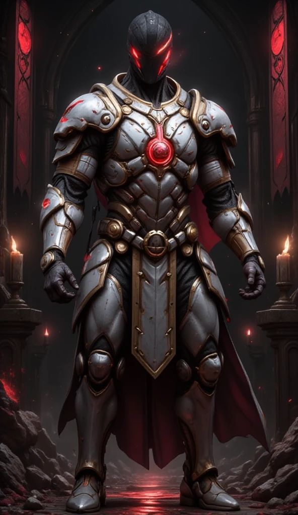  is possessed by a demon, a holy knight commander.一個成年男性的Full body image. muscular body .Wear white gold holy knight armor. Eyes Deep Red . standing inside a mysterious black and red church.Bold composition .Full body image