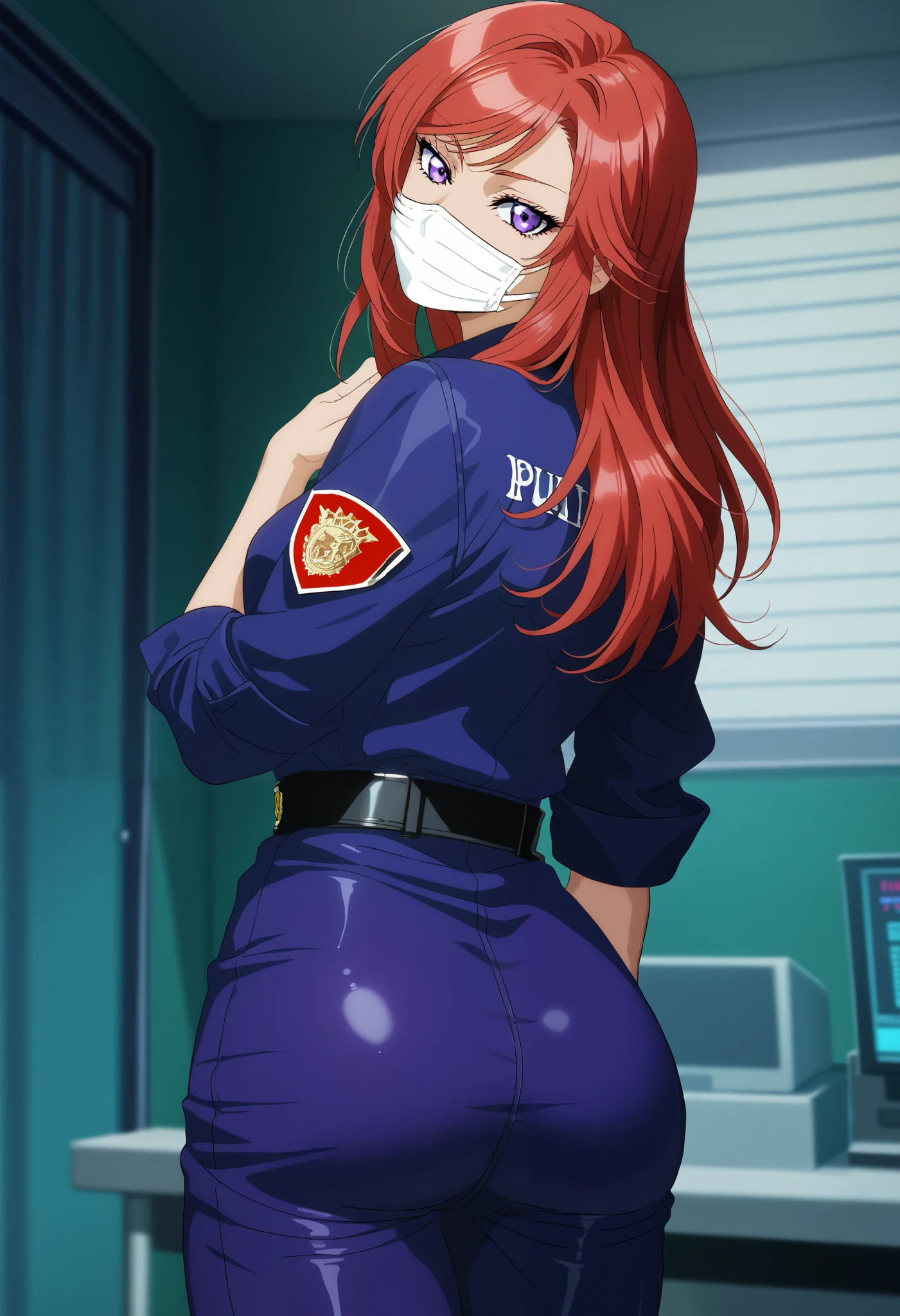 1girl, long hair,red hair,2D, cell shading, anime style, video game art, sharp lines, vibrant colors, retro style,RUKIA Style,shiny skin, medical face mask, purple police clothes, tight clothes,looking back,muture woman, detailed face,half closes eyes, looking at viewer, purple eyes,head tilt,westerncomic,western comic art style,swept bangs,nishikino maki,pov, clinic