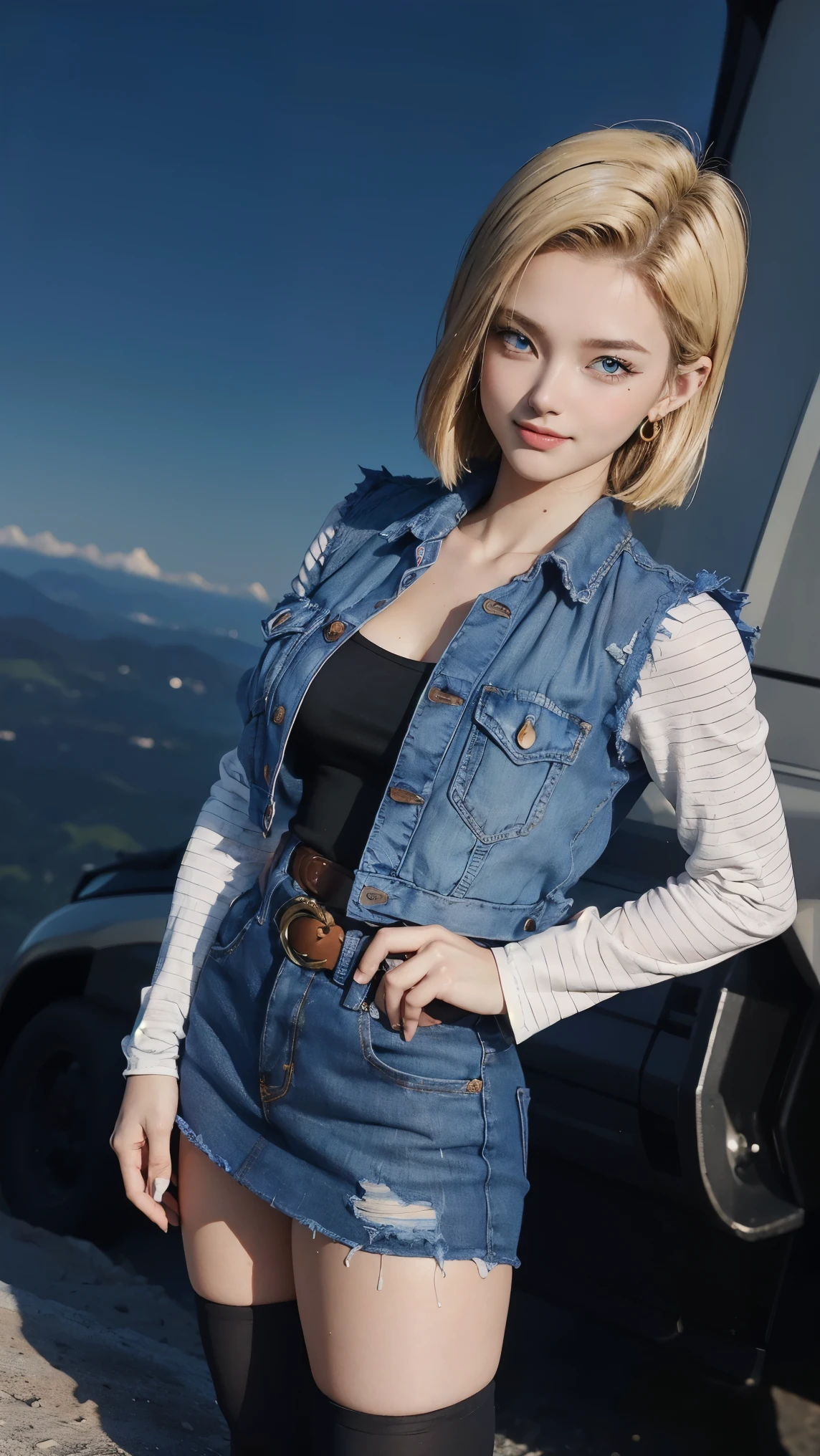 Android 18 da dragon ball,(best qualityer,4K,8k,high resolution,work of art:1.2)(weather: windy), Mondstadt mountain background, mountain road, black top, striped sleeves, cropped open denim vest, belt, tight denim mini skirt, black pantyhose, brown boots, loop earrings, cheek mole, short straight hair, short blonde hair, ultra detailed, realistic, portrait,beautiful detailed sapphire blue eyes, glowing eyes,blush,beautiful detailed lips,extremely detailed eye and face, long eyelashes,sexy,average, large breasts,beaming smile, flirty smile, powerful girl, sexy pose, stunning curves, bright coloured, dramatic lighting,