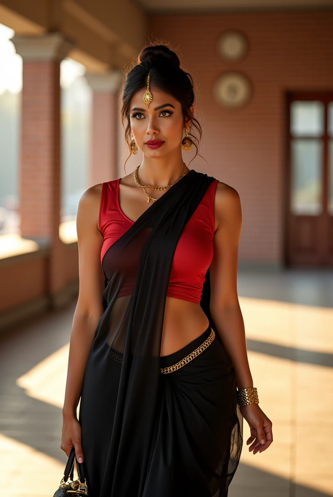 Black saree and red sleeveless blouse, busty navel, busty body, brownish hair bun,thin waist chain, fit and busty woman, showing navel visible in saree, sexy navel, bindi in forehead, walking in airport, bright sunny day, sunrays penetrating,college varandah, bricks wall back ground, carrying hand bag in right hand, gold watch, bindi in forehead, earrings, sexy makeup, navel exposed in saree, tight body, curvy body, red lips, attractive woman, 8k details