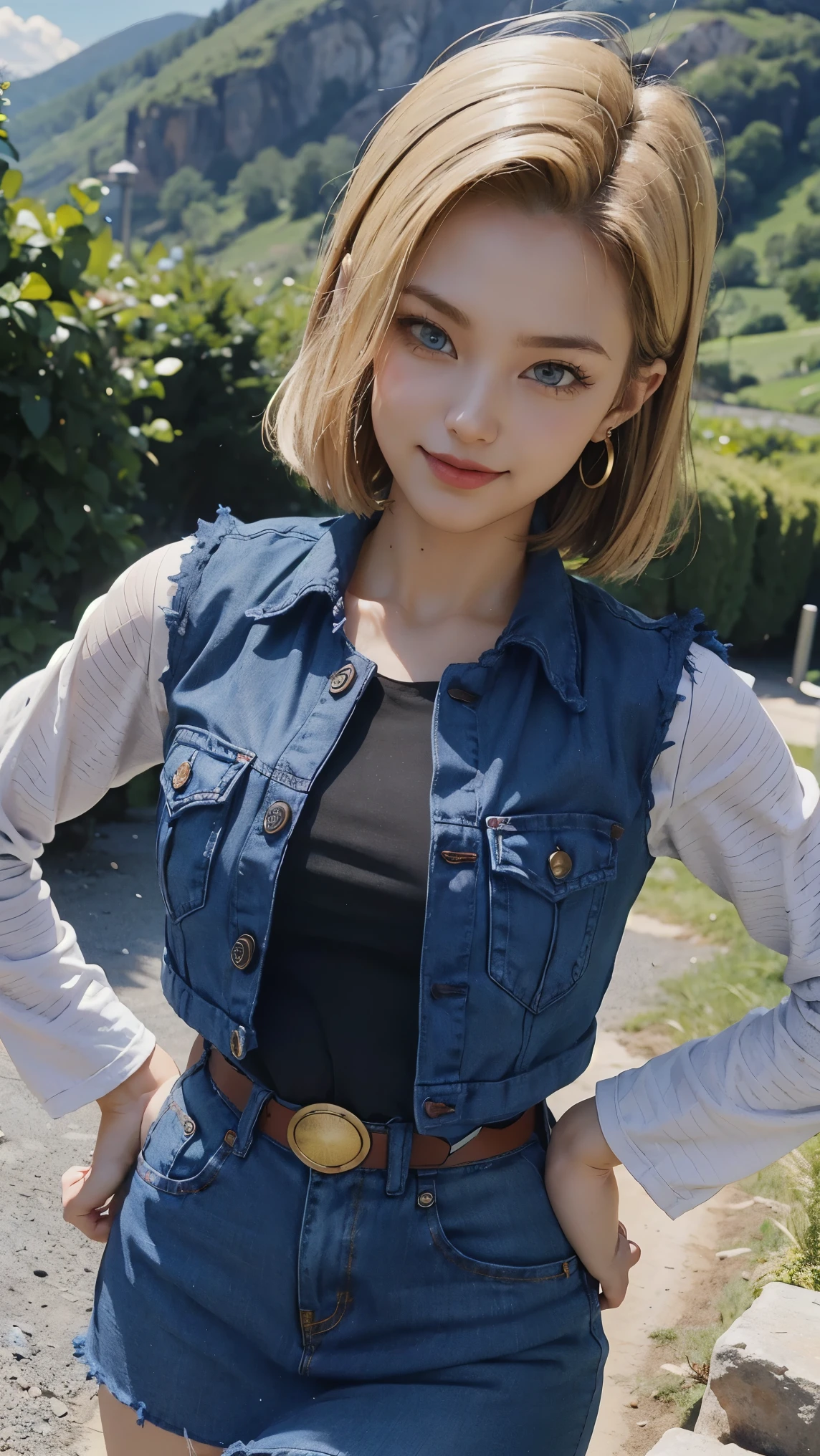 Android 18 da dragon ball,(best qualityer,4K,8k,high resolution,work of art:1.2)(weather: windy), Mondstadt mountain background, mountain road, black top, striped sleeves, cropped open denim vest, belt, tight denim mini skirt, black pantyhose, brown boots, loop earrings, cheek mole, short straight hair, short blonde hair, ultra detailed, realistic, portrait,beautiful detailed sapphire blue eyes, glowing eyes,blush,beautiful detailed lips,extremely detailed eye and face, long eyelashes,sexy,average, large breasts,beaming smile, flirty smile, powerful girl, sexy pose, stunning curves, bright coloured, dramatic lighting,