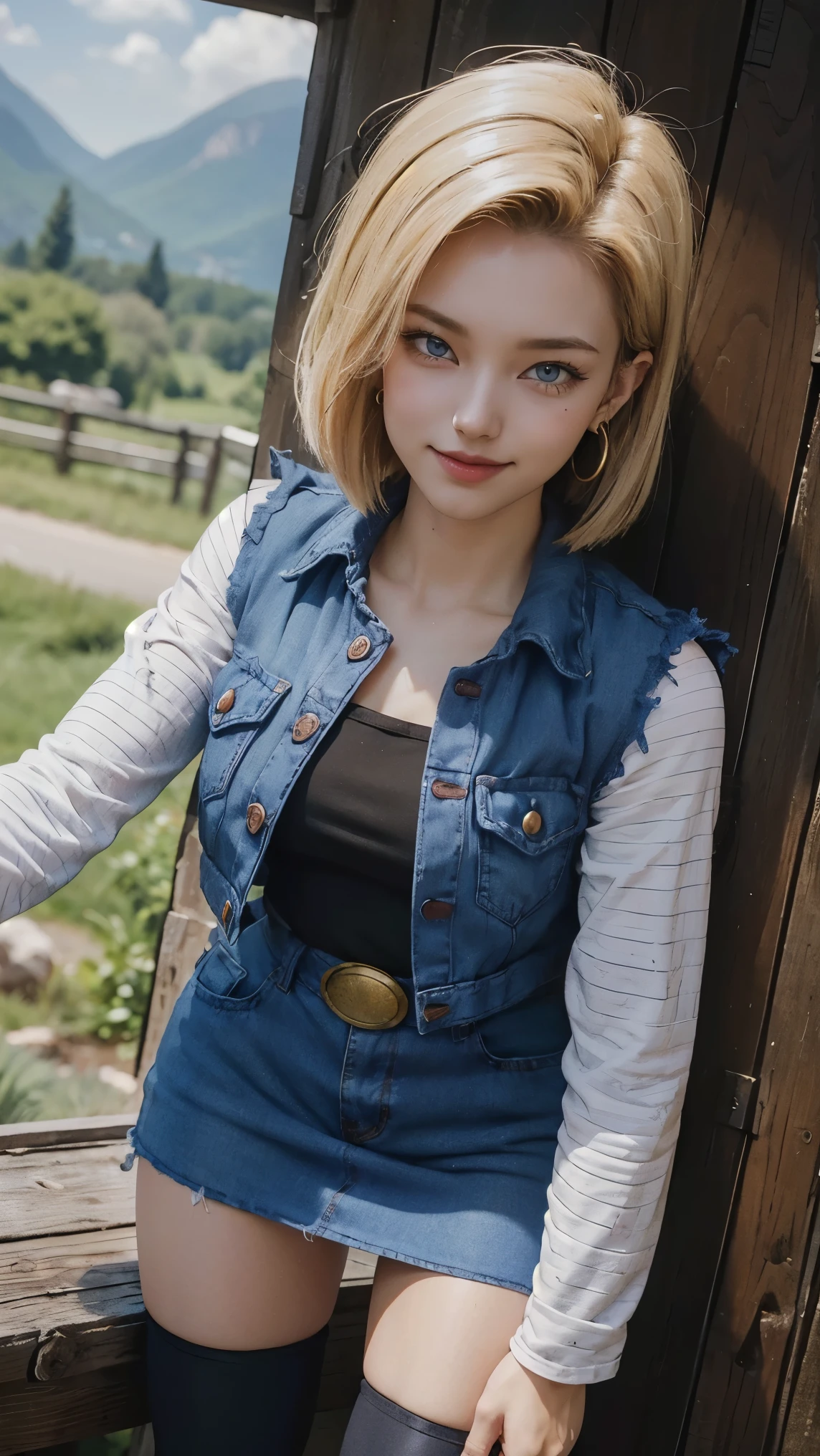 Android 18 da dragon ball,(best qualityer,4K,8k,high resolution,work of art:1.2)(weather: windy), Mondstadt mountain background, mountain road, black top, striped sleeves, cropped open denim vest, belt, tight denim mini skirt, black pantyhose, brown boots, loop earrings, cheek mole, short straight hair, short blonde hair, ultra detailed, realistic, portrait,beautiful detailed sapphire blue eyes, glowing eyes,blush,beautiful detailed lips,extremely detailed eye and face, long eyelashes,sexy,average, large breasts,beaming smile, flirty smile, powerful girl, sexy pose, stunning curves, bright coloured, dramatic lighting,