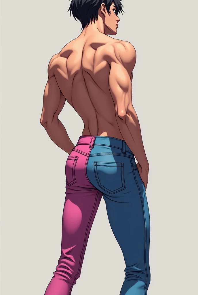 young slim shirtless man with blue hair on his back walks lost looking at a city he is 14 years old walks lost through the city