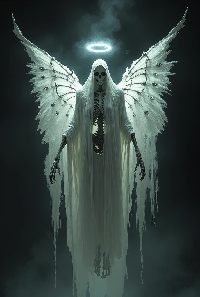 a skeletal figure in a white robe, hooded, with a halo, cybernetic wings with eyes, ascending into a black sky, gothic, hyper detailed, cinematic lighting, dramatic composition, moody atmosphere, chiaroscuro lighting, dark fantasy, highly detailed, masterpiece, 8k, photorealistic