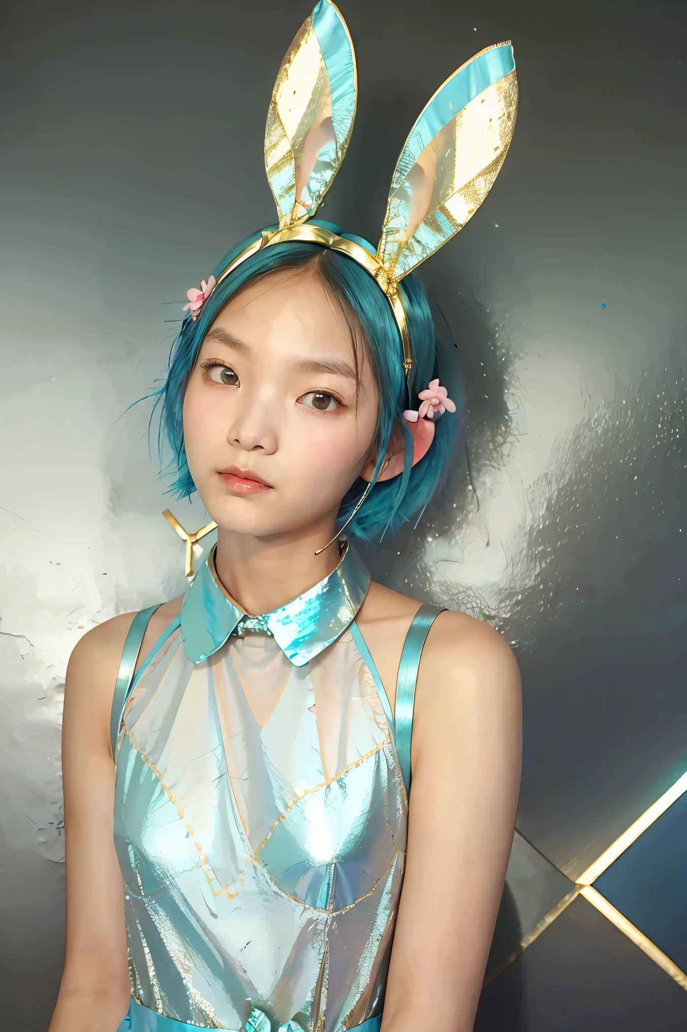 A girl, Tiffany blue hair, short hair, Tiffany blue short hair, (head with metallic rabbit ears headband :1.5), whole body, (delicate features: 1.5) Wearing a dreamy surreal multi-layered dress, the color of the dress is Tiffni blue and pink gradient, surrounded by pink marshmallow like coral, with a few butterflies dancing on it, the overall environmental color is Tiffni blue, Surrealistic style, art photo, Tiffni Blue Dream