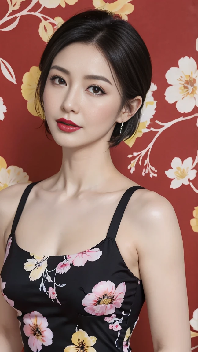 2d, pastel color, watercolor, lineart, ankymoore, 1girl, solo, short hair, simple background, black hair, dress, jewelry, upper body, flower, earrings, black eyes, black dress, makeup, floral print, lipstick, red flower, brown background, red lips, print dress, tan background