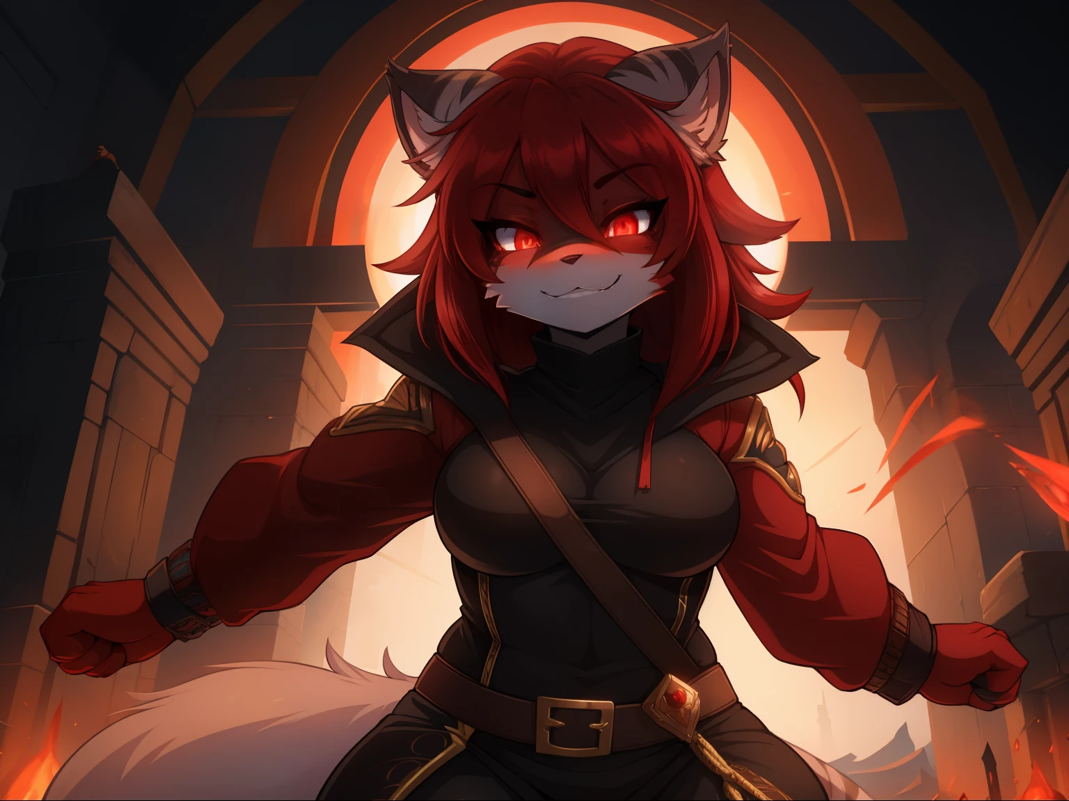 Anthro fur cat, chubby,((anarchist)), absurdity,  high resolution ,  ultra-detailed , 1 girl,oversized jacket with ,whole body,  original character,girl, mask from mortal kombat , { better quality }}, {{ masterpiece fails}}, {{ ultra-detailed }}, {illustration}, {Detailed light},kemono style, , silver fur, gray stripes on the body,  glowing red eyes ,  long red hair , Hair Cut, :3, she is dressed as Scarlet from Mortal Kombat, Scarlet cosplay  , Evil pose, grinning, using blood magic ,