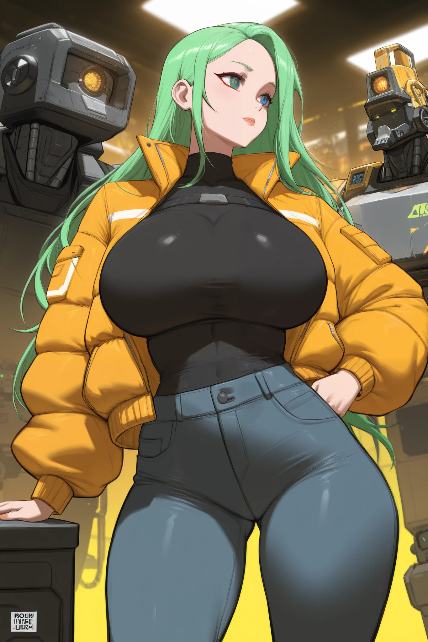 1 girl,  engineer draws,  big breasts,  big booty ,  Wearing a warm jacket, pants, be in the workshop, robots , cyberpunk environment. 