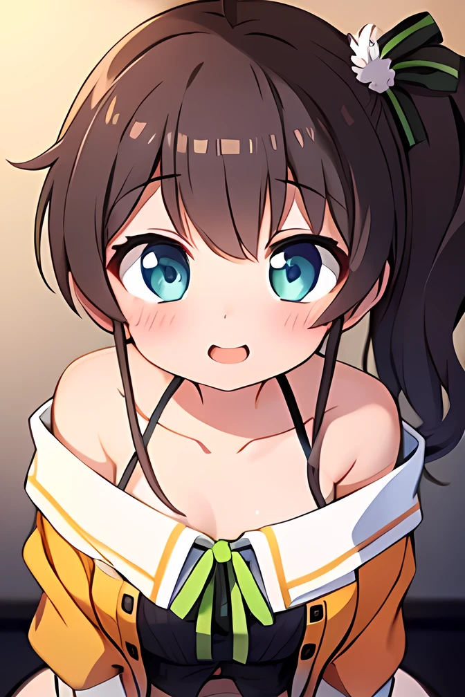 One Girl ,iris,(( side ponytail )),ribbon,Sitting in a bedroom with a normal height , huge ass,( pantyhose), camisole, white miniskirt , red cheeks ,excited face,( Take off your jacket ), upper body,