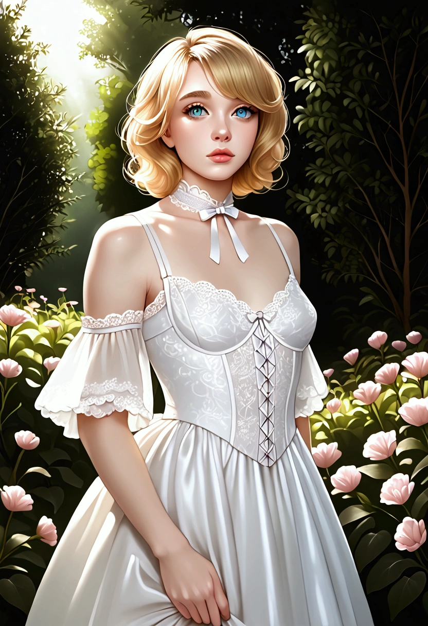 a femboy, feminine boy, short wavy blonde hair, delicate facial features, big beautiful eyes, small breasts, long eyelashes, rosy lips, smooth porcelain skin, soft short wavy hair, wearing a frilly dress, lace accessories, standing in a garden with flowers, sunlight filtering through the trees, warm color palette, cinematic lighting, highly detailed, photorealistic, 8k, award winning digital art