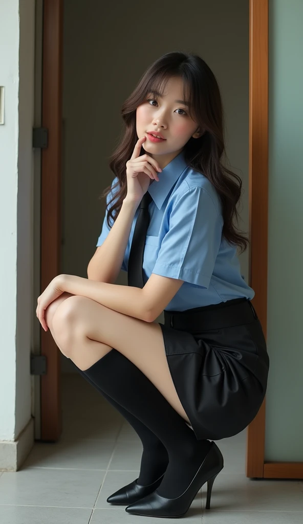 ((Best quality, Masterpiece, 8K)), 17 years old Indonesian girl. Wear Indonesian high . White shirt, gray skirt. Black belt. Beauty, half layered hair. Sitting on the chair of classroom, flirty pose. Open legs apart. Smile. Full body. White panties. Visible panties. View on camera
