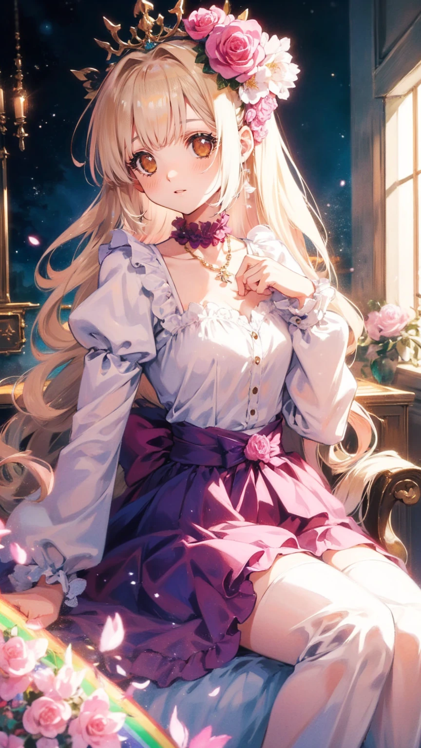 (8k,  top quality,   masterpiece  : 1.2),   Ultra-high definition ,,   Marie Antoinette  ,   super detailed face ,fine grain,   just the entrance to the basement of the castle  ,( blonde alone ),  long hair,   wavy hair  , break,Rococo Ruffle Dress,Long sleeve dress,  Long skirt dress lying on a wooden boat  ,   Baroque Dress   ,    intricate fantasy dress   , Luxurious and glamorous dress  ,    romantic dress, Ruffled Costume  ,lottery, Data Style,  Formal wear, Fancy Fashion, palate colors include   pink and white,(  pink:1.5),Class A Smile,Gold Tiara,    necklace  , Sit in a fancy chair,    you have to tie your hands behind your back    ,(   rainbow light   :1.4),,   the side face of a person looking out of the window   ,  a rosebush is reflected in the window   ,(Inside Victoria Palace)、Her eyes are shining、 now her blonde alone's hair extends to her waist 、Rose-colored gradation and three, 薄い  pinkのロック. 彼女は花柄の装飾が施されたGold Tiaraを着用し、   Matching earrings      , white flower choker. 彼女は金色のボタンで縁取られたフリル付きの白いストライプの  pinkのトップを着ている,   The white sleeves are in the shape of a bud   ..    dress with magenta ribbon flowing out of her chest   ..、 At the back of her neck  、Matching chest piece, Decorated with flowers.   Her ruffled skirt is divided by a white line  ,   Fastened with a large magenta ribbon  、Decorated with gold,     There is a small ribbon on the back    . Her mini skirt、薄い  pinkのマゼンタの貝殻状の裏地と白い花のペチコートでできている. 彼女は  pinkの花がついた白い手袋も着用している, 白と薄い  pinkの靴には、ゆるいカフとDecorated with flowersたマゼンタのリボンがある.
