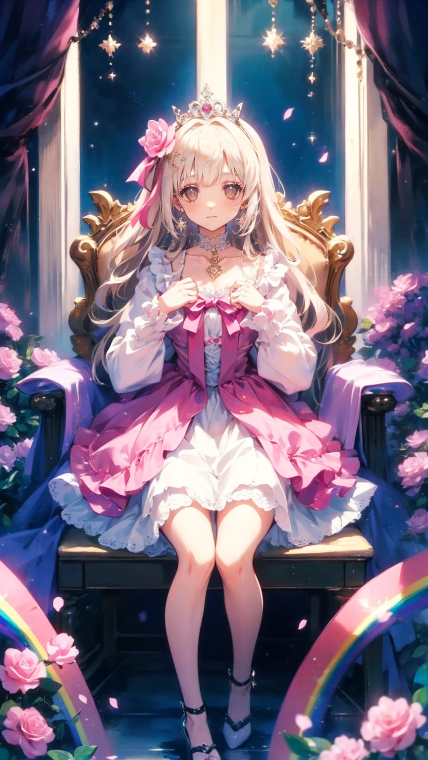 (8k,  top quality,   masterpiece  : 1.2),   Ultra-high definition ,,   Marie Antoinette  ,   super detailed face ,fine grain,   just the entrance to the basement of the castle  ,( blonde alone ),  long hair,   wavy hair  , break,Rococo Ruffle Dress,Long sleeve dress,  Long skirt dress lying on a wooden boat  ,   Baroque Dress   ,    intricate fantasy dress   , Luxurious and glamorous dress  ,    romantic dress, Ruffled Costume  ,lottery, Data Style,  Formal wear, Fancy Fashion, palate colors include   pink and white,(  pink:1.5),Class A Smile,Gold Tiara,    necklace  , Sit in a fancy chair,    you have to tie your hands behind your back    ,(   rainbow light   :1.4),,   the side face of a person looking out of the window   ,  a rosebush is reflected in the window   ,(Inside Victoria Palace)、Her eyes are shining、 now her blonde alone's hair extends to her waist 、Rose-colored gradation and three, 薄い  pinkのロック. 彼女は花柄の装飾が施されたGold Tiaraを着用し、   Matching earrings      , white flower choker. 彼女は金色のボタンで縁取られたフリル付きの白いストライプの  pinkのトップを着ている,   The white sleeves are in the shape of a bud   ..    dress with magenta ribbon flowing out of her chest   ..、 At the back of her neck  、Matching chest piece, Decorated with flowers.   Her ruffled skirt is divided by a white line  ,   Fastened with a large magenta ribbon  、Decorated with gold,     There is a small ribbon on the back    . Her mini skirt、薄い  pinkのマゼンタの貝殻状の裏地と白い花のペチコートでできている. 彼女は  pinkの花がついた白い手袋も着用している, 白と薄い  pinkの靴には、ゆるいカフとDecorated with flowersたマゼンタのリボンがある.
