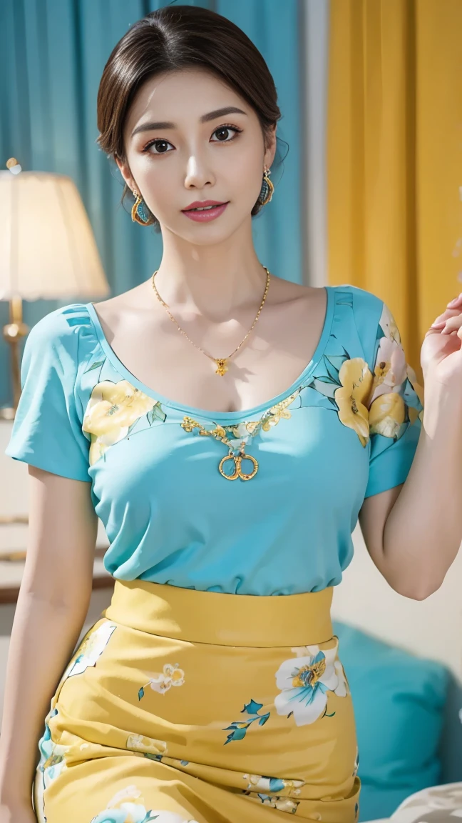 1girl, beautiful detailed eyes, beautiful detailed lips, extremely detailed face, long eyelashes, turquoise top, yellow floral skirt, earrings, necklace, retro fashion, elegant, glamorous, vibrant colors, cinematic lighting, nostalgic, timeless, high quality, 8k, photorealistic, concept art