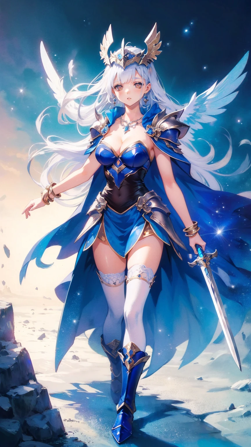  One Young Beautiful Woman ,( top quality, Extremely Detailed Description , amazingly high resolution , anatomically accurate depiction , Kirby legs),( Glowing Skin , Glowing Skin ),( female swordsman with a noble vibe),( blue armor,Blue Boots,Metal Embroidery , Clear Gems and Precious Metal Embellishments , Exquisite Armor Details ,Holy Sword, valkyrie helmet,Cape,White tights),( blue eyes, with semi-closed eyes :1.3,Shadowy Face,lipstick,Cleavage in the chest,Cool Look), eyelash , luxury accessories , earrings, necklace, bracelet , upright position
