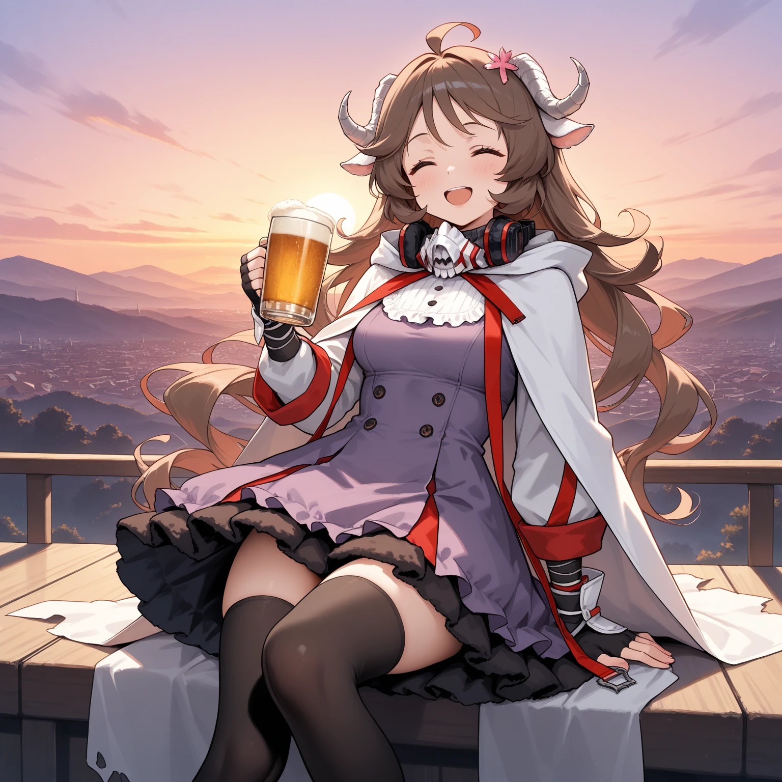 
1girl\(Eyjafjalla\(arknights\), curled horns, ahoge, mask around neck, purple dress, white cape, fingerless gloves, black thighhighs,drinking beer at janpanese bar izakaya,eating edamame,big smile,open mouth,eyes closed, relaxed,happy hour\). BREAK .quality\(8k,wallpaper of extremely detailed CG unit, high resolution, top-quality, top-quality real texture skin, hyper realistic, increase the resolution, RAW photos, best quality, highly detailed, the wallpaper, golden ratio, high saturation realism, vibrant colors, dramatic lighting, persuasive storytelling, atmospheric scenery, captivating visuals, intricate details, strong emotions, dreamlike world\).(long shot),wide shot,landscape,blured background,(art by Maurits Escher:1.3)