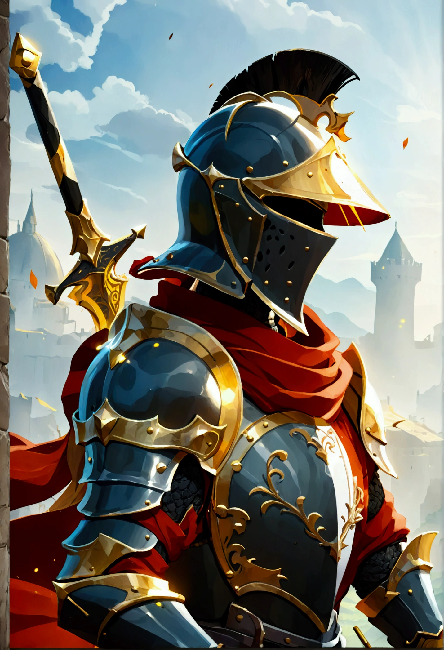 medieval equipment of a shield, a sword and a helmet, black with golden lines, (( dramatic studio lighting )), ((fine lines)), (( highly detailed )), (( Stunning graphics )), (( Detailed strokes )), ((atmospheric)), (( blurry background )), (( Ultra-thin 2D design )), (( Creative landscape )), (( highly detailed  anime painting)), (( Best Quality  2D strokes)), (( Best Quality )), ((  sharp focus)), (( high-octane representation )), (( 8K anime style )). black mate.