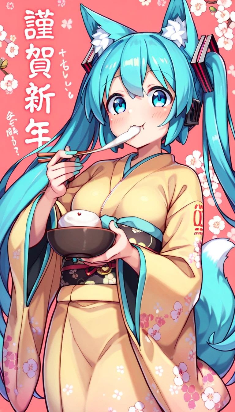 score_9, score_8_up, score_7_up,  1 girl, Happy New Year,  Hatsune Miku , kimono, Japanese clothing, cherry blossom background ,  eating mochi、Mochi growing out of your mouth 、chopsticks、Tea bowl、((Kemomimi))、 side tail 、((( fox ears)))、