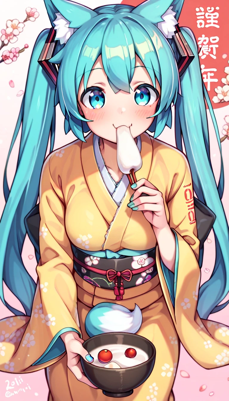 score_9, score_8_up, score_7_up,  1 girl, Happy New Year,  Hatsune Miku , kimono, Japanese clothing, cherry blossom background ,  eating mochi、Mochi growing out of your mouth 、chopsticks、Tea bowl、((Kemomimi))、 side tail 、((( fox ears)))、