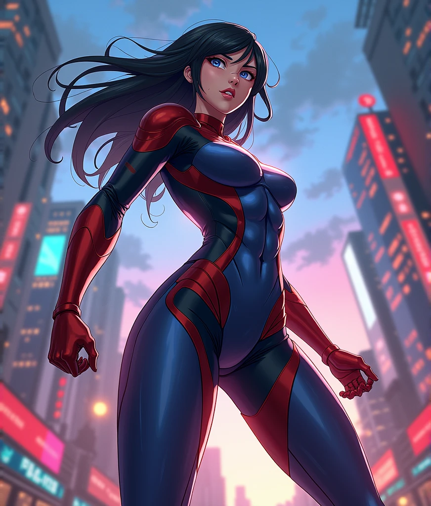 1girl, superhero, leotard, bare legs, boots, standing, solo focus, tight belt, hands on hip, full body shot, mature lady, city backdrop, sleeveless, ultra highres, absurdres, beautiful face, detailed eyes, symmetric eyes