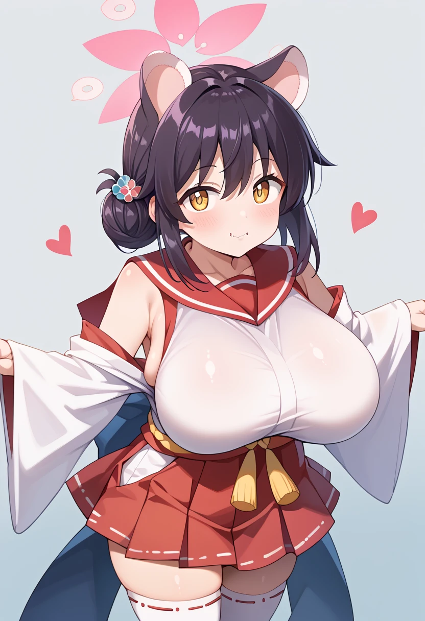 score_9_up, score_8_up,score_7_up,HD, (  Ultra HD Quality Details ), top quality,masterpiece, source_ ,  black hair, halo,  animal ears ,  Single Side Pan ,  , Big Breasts,Leather Fang,Kaedef , red sailor collar , White Kimono ,  sleeveless kimono , flower, heart,  sleeves are detachable,  wide sleeve over mouth,  Hakama Short Skirt ,  hakama skirt,  Red Skirt ,  White Thigh High Socks ,looking up at viewer,, from the above ratings  :safe、 zzz c up , Exploding Chest,特大の Big Breasts,Big Breasts, Big Breasts,超Big Breasts, supermilk ,big Breasts,big Breasts,Big Breasts,Big big breasts,bigger breasts,big,セクシーな大きなシリコンの Big Breasts,セクシーなビッグサイズのシリコン製Big Breasts, Saggy breasts,((垂れ下がった Big Breasts)),((重く垂れた Big Breasts:1.5))