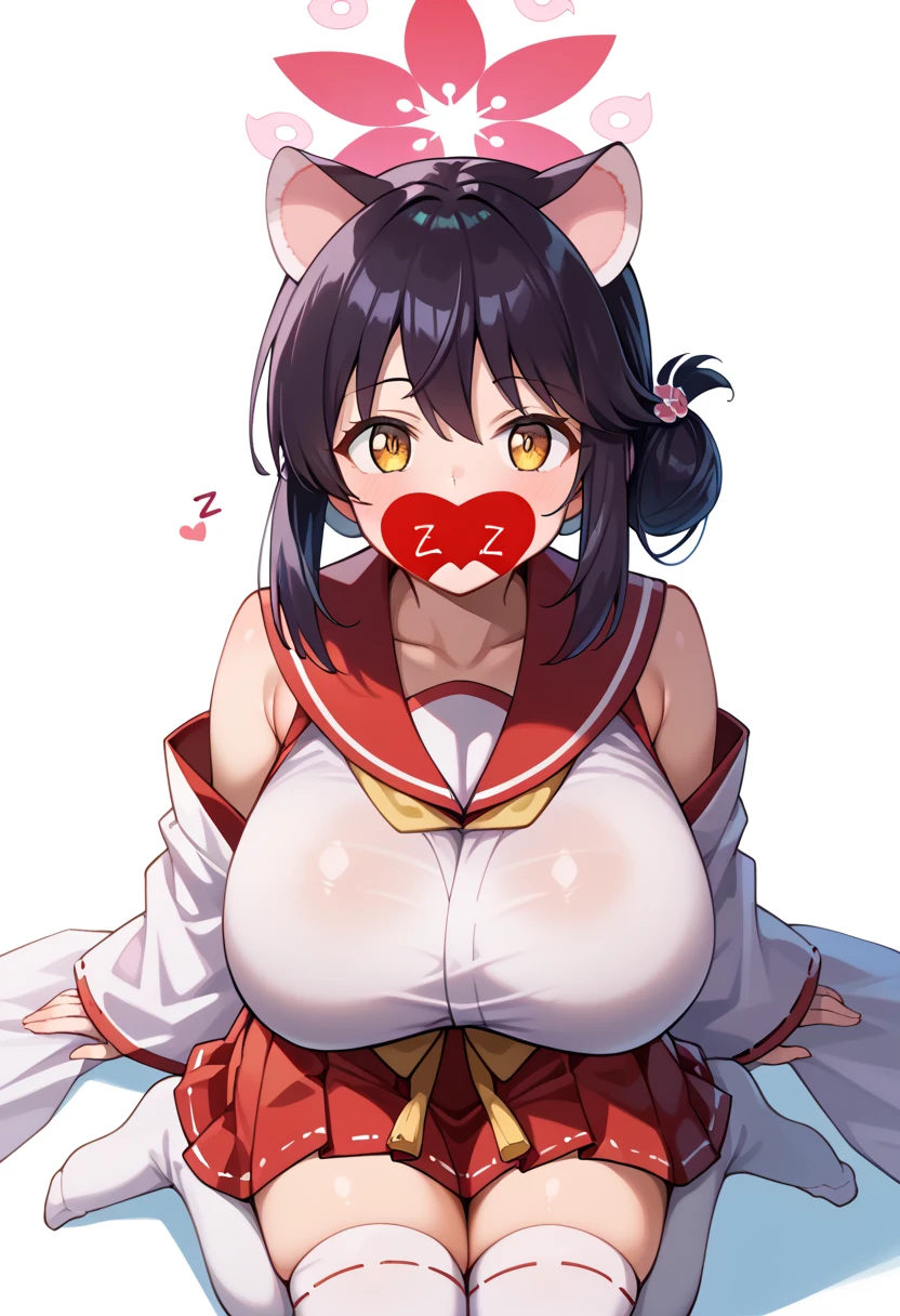 score_9_up, score_8_up,score_7_up,HD, (  Ultra HD Quality Details ), top quality,masterpiece, source_ ,  black hair, halo,  animal ears ,  Single Side Pan ,  , Big Breasts,Leather Fang,Kaedef , red sailor collar , White Kimono ,  sleeveless kimono , flower, heart,  sleeves are detachable,  wide sleeve over mouth,  Hakama Short Skirt ,  hakama skirt,  Red Skirt ,  White Thigh High Socks ,looking up at viewer,, from the above ratings  :safe、 zzz c up , Exploding Chest,特大の Big Breasts,Big Breasts, Big Breasts,超Big Breasts, supermilk ,big Breasts,big Breasts,Big Breasts,Big big breasts,bigger breasts,big,セクシーな大きなシリコンの Big Breasts,セクシーなビッグサイズのシリコン製Big Breasts, Saggy breasts,((垂れ下がった Big Breasts)),((重く垂れた Big Breasts:1.5))