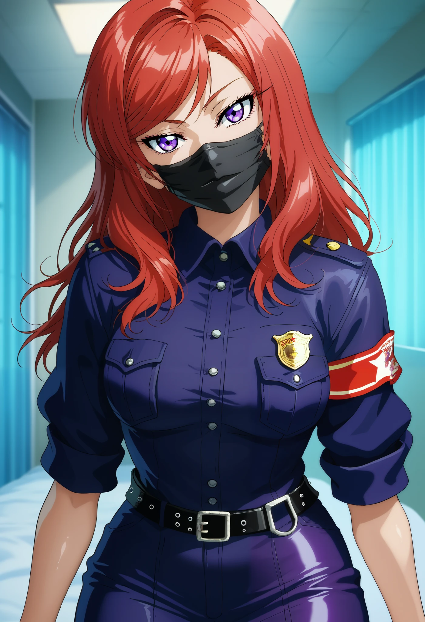 1girl, long hair,red hair,2D, cell shading, anime style, video game art, sharp lines, vibrant colors, retro style,RUKIA Style,shiny skin, medical face mask, purple police clothes, tight clothes,muture woman, detailed face,half closes eyes, looking at viewer, purple eyes,head tilt,westerncomic,western comic art style,swept bangs,nishikino maki,pov, clinic