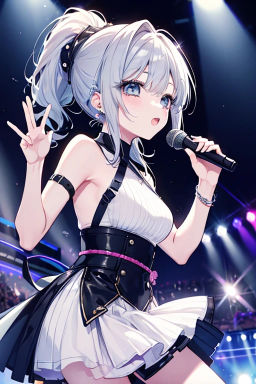 Silver Hair、Blue Eyes、girl、Small breasts、Twin tails、girl、Small breasts、Lolita、Bright smile、Looks about 15 years old、Petan Musume、He is short、目のhighlight、Sexy thighs、Idol、Sing with a microphone、Mine-based costumes、Your eyes are so beautiful、highlight