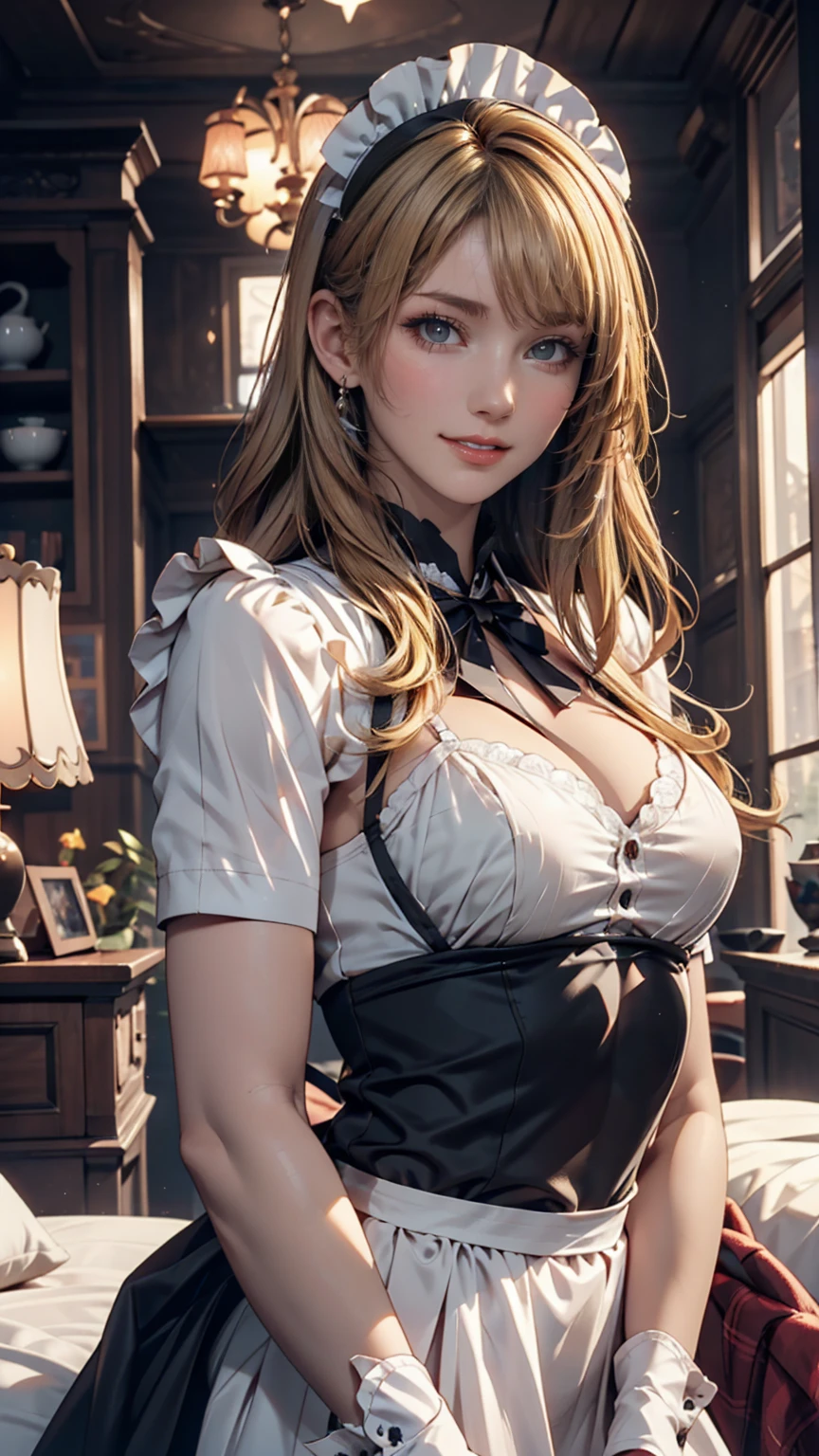 Beautiful 18 year old girl,  big eyes,  Big Breasts, Small and slim, 8k, top quality, ( very detailed head: 1.0), ( detailed face : 1.0), (Highly detailed hair: 1.0),   maid clothes,  Detailed Official Artwork ,  anime Moe art style,   Neat Detailed Animated Art  , smile, Blonde, Smooth Long Hair 