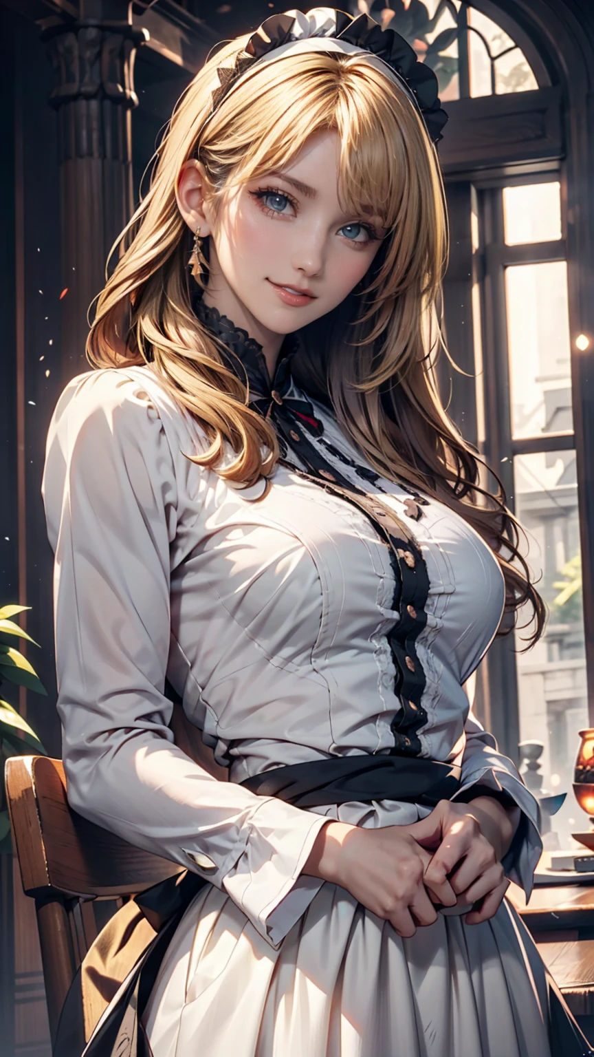 work, Highest quality, girl, long hair alternative, absurdly long hair, blonde hair, bow hair, Aqua Eye, Captivating smile, tongue, Iris, Long eyelashes, Big Breasts, Mole on chest, White shirt, Black short skirt, shoes, meanwhile, hair ribbon, flower ribbon, hair_ribbon, hair_ribbon, hair_flower、courtesan