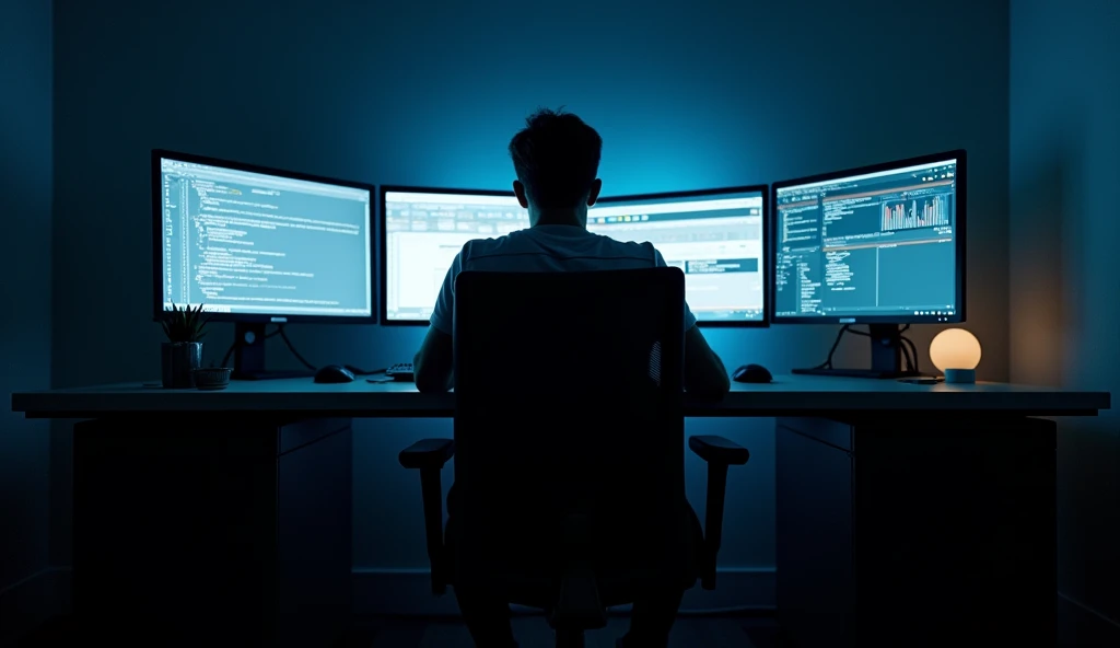 (( A person sitting in an office chair ))(( In an unlit place ))((using a computer))(( With several monitors the table where the rest of the computer is on the wall))(( angle behind the person ))((place in total darkness ))(( being illuminated eats only the lights of the monitors ))