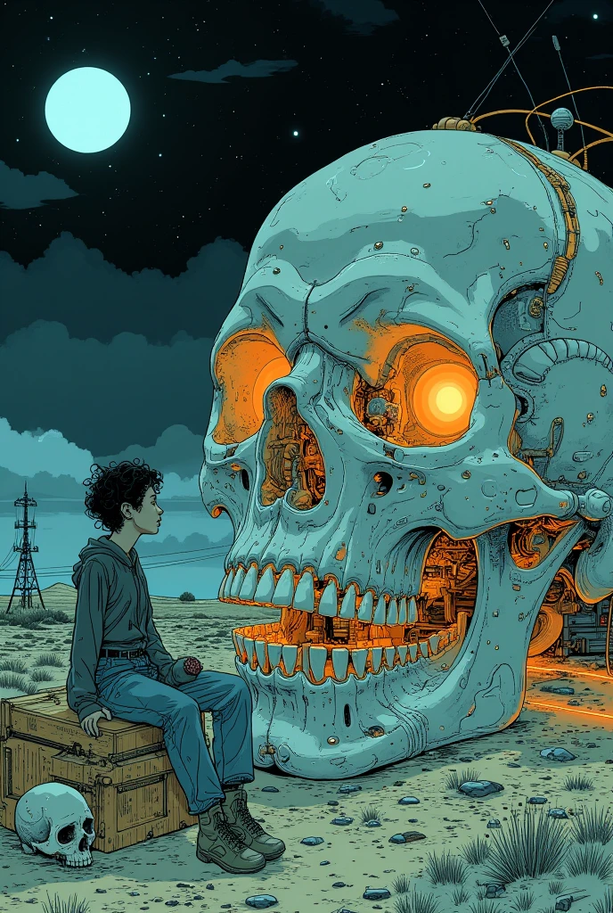   woman sitting on the side of a luminous skull、 Skulls are the only light source、Dark Desert 、Moebiusの絵にインスパイアされたエッチング, hieronymus bosch and Moebius,  Jean Girard and Waterhouse , ( Moebius ), inspired by jean Moebius giraud, in the stlye of Moebius, by jean Moebius giraud, 