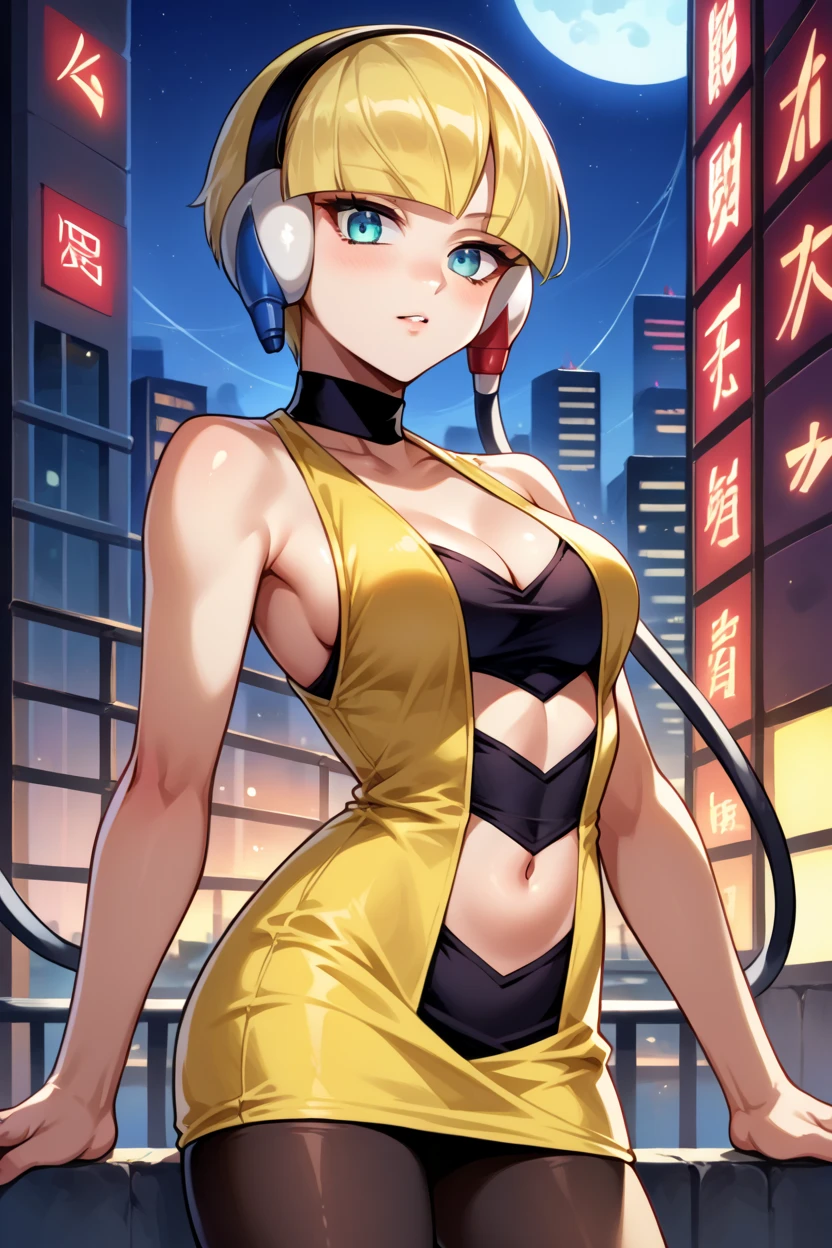 score_9, score_8_up, score_7_up, score_6_up, source_anime, BREAK 1girl, bw1ele, blonde hair, short hair, headphones, cable, choker, cleavage, black and yellow dress, short dress, clothing cutout, navel cutout, sleeveless, pantyhose, medium breasts, looking at you, night sky, city, upper body