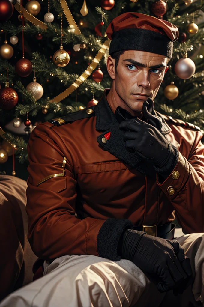 (santa hat), 1man, realistic, detailed, sitting, blue eyes, Christmas tree, Christmas gift, beautiful face, waist, perfect hands, black hair, beautiful face, perfect, uniform military, eye patch