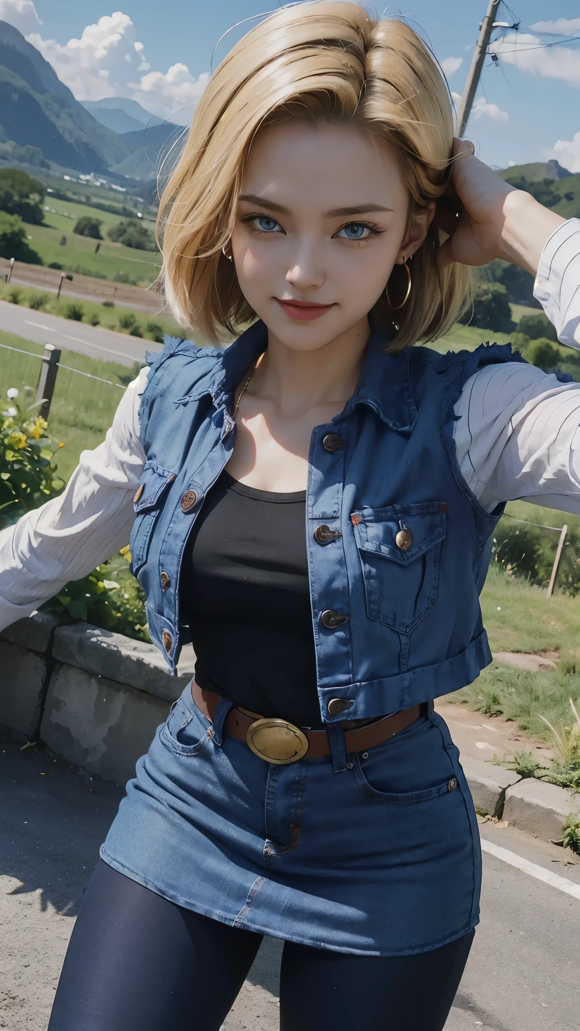 Android 18 da dragon ball,(best qualityer,4K,8k,high resolution,work of art:1.2)(weather: windy), Mondstadt mountain background, mountain road, black top, striped sleeves, cropped open denim vest, belt, tight denim mini skirt, black pantyhose, brown boots, loop earrings, cheek mole, short straight hair, short blonde hair, ultra detailed, realistic, portrait,beautiful detailed sapphire blue eyes, glowing eyes,blush,beautiful detailed lips,extremely detailed eye and face, long eyelashes,sexy,average, large breasts,beaming smile, flirty smile, powerful girl, combat pose, stunning curves, bright coloured, dramatic lighting, hair flying,