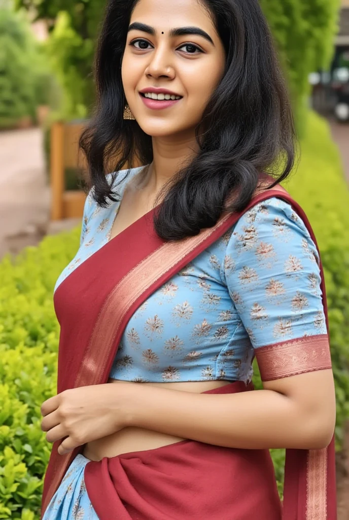 Photo of Kerala  mallu female indian bjp politician candidate with fair Indian skin tone and black long hair.curvy chubby body figure. Wearing saree in kerala outdoor. Full size photo. Detailed photo. Realistic photo. Photo taken in nikon camera.face looking straight.