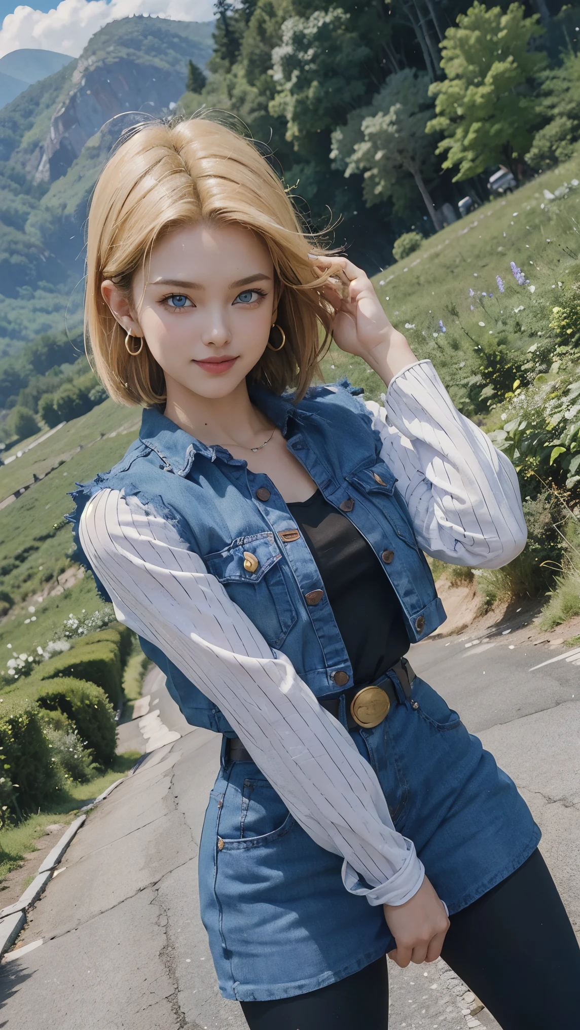 Android 18 da dragon ball,(best qualityer,4K,8k,high resolution,work of art:1.2)(weather: windy), Mondstadt mountain background, mountain road, black top, striped sleeves, cropped open denim vest, belt, tight denim mini skirt, black pantyhose, brown boots, loop earrings, cheek mole, short straight hair, short blonde hair, ultra detailed, realistic, portrait,beautiful detailed sapphire blue eyes, glowing eyes,blush,beautiful detailed lips,extremely detailed eye and face, long eyelashes,sexy,average, large breasts,beaming smile, flirty smile, powerful girl, combat pose, stunning curves, bright coloured, dramatic lighting, hair flying,