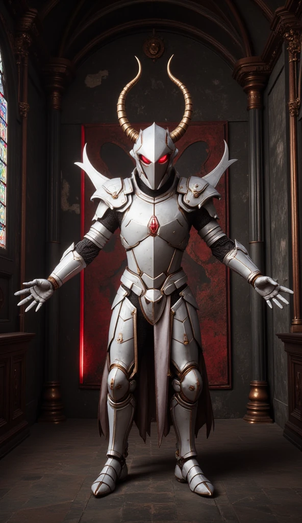  is possessed by a demon, a holy knight commander.一個成年男性的Full body image. muscular body .Wear white gold holy knight armor. Eyes Deep Red . standing inside a mysterious black and red church.Bold composition .Full body image