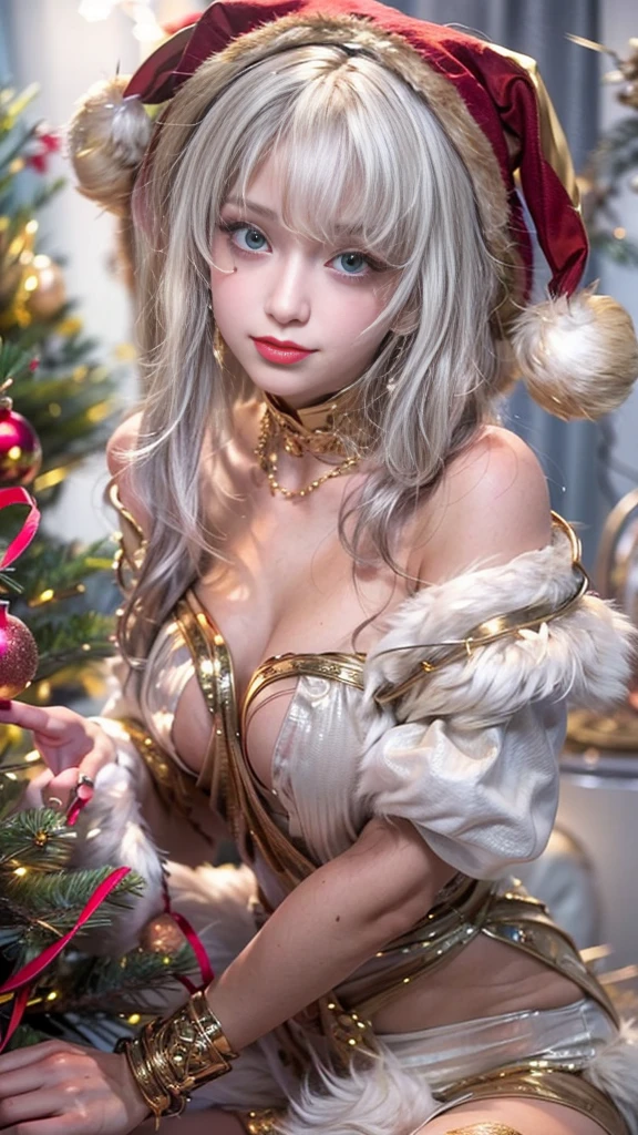 1girl,animal_ears,antlers,bangs,bare_shoulders,bell,black_skirt,blunt_bangs,breasts,christmas,christmas_ornaments,christmas_tree,cleavage,cleavage_cutout,clothing_cutout,deer_ears,holly,leaning_forward,lips,long_hair,looking_at_viewer,mole,off-shoulder