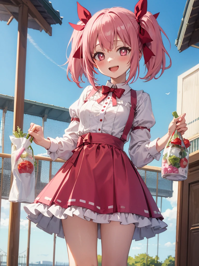 masterpiece, Highest quality, 1girl, solo,  old, small breasts, MadokaAi, pink hair, pink eyes, short hair, bangs, short twintails, flat chest, breasts, blush, smile, open mouth, large breasts, bow, ribbon, twintails, hair ribbon, hair bow, symbol-shaped pupils, red ribbon, pink bow
