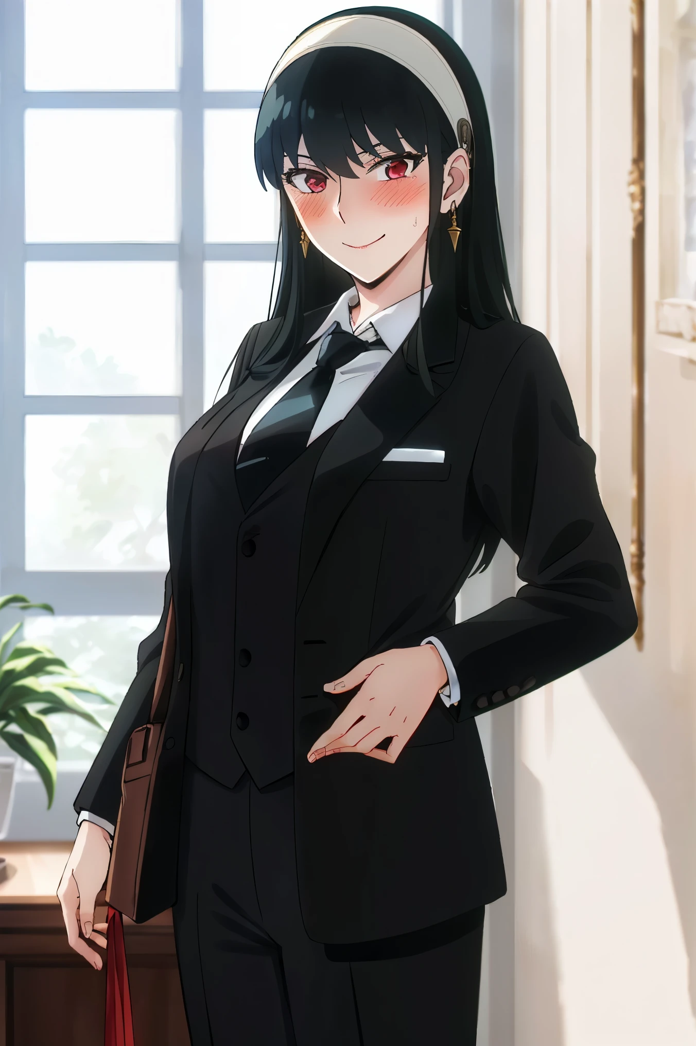 Yor Forger, ((masterpiece, best quality)), (((extremely detailed, intricate details, lush detail, insanely detailed face, beautiful red eyes, shiny skin, sharp eyes))), ((Indoors, dramatic shadows, vibrant colors, backlighting, depth of field, highlight, contrapposto)), (((solo, 1girl, shadow over face, shaded face, glowing red eyes))), ((black hair, medium breasts, hairband, hair ornament, woman in formal attractive suit tuxedo tailcoat standing in a large alcove in the room, 1girl, solo, necktie, black hair, , smile, jacket, looking at viewer, shirt, pants, blue necktie, collared shirt, white pants, white shirt, indoors, bangs, long sleeves, closed mouth, window, black jacket, blush, cowboy shot, formal, suit , badass