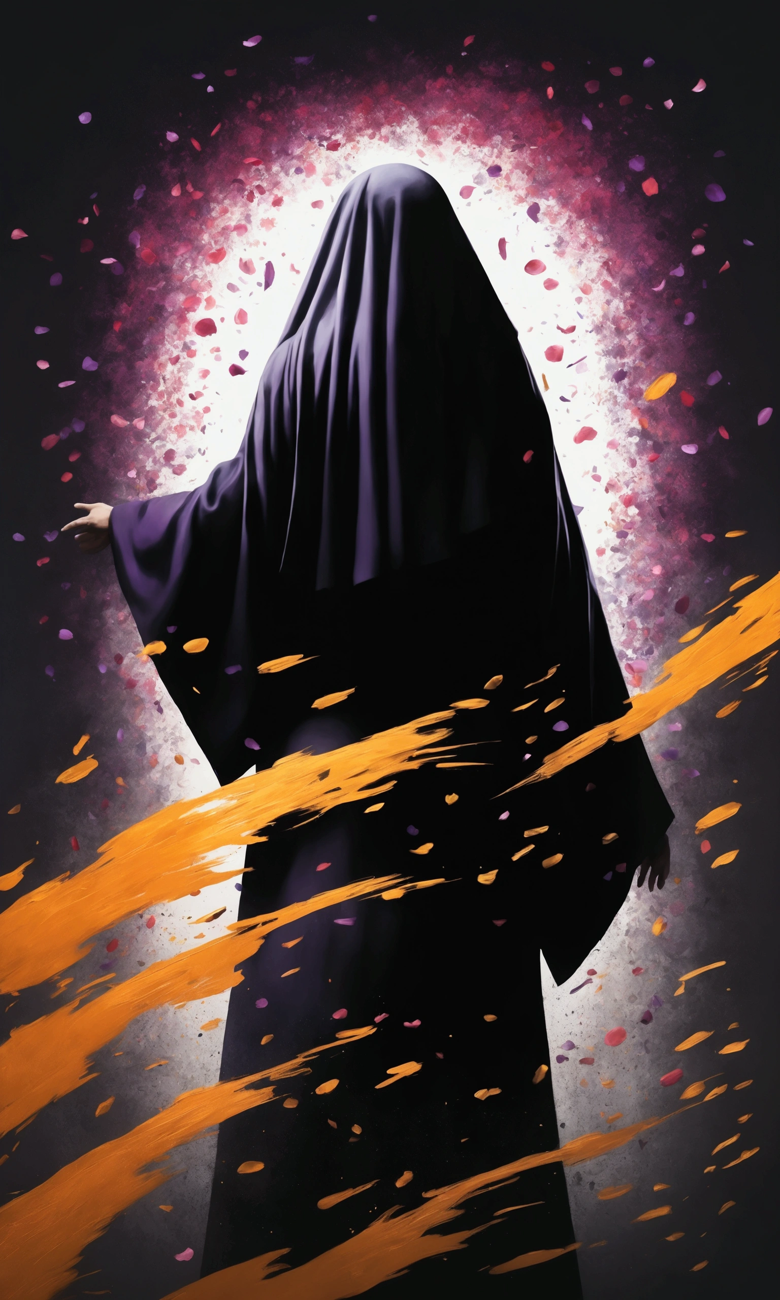 masterpiece, Minimalism, two-color style, only use two-color abstract painting in (dark gray) and (dark purple), confetti:1.5, very small silhouette:0.5 of back view of Japanese nun, the nun (raises her right hand hight), confetti falls like rain of petals from woman's right shoulder to the camera, swaying by wind, gradually turning into mysterious flames, focus on confetti, motion blur, negative space