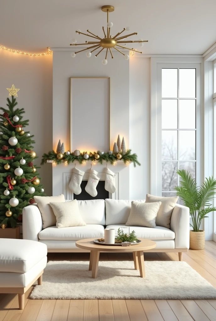 A cozy and elegant living room decorated for Christmas, illuminated by the warm glow of twinkling fairy lights and a crackling fireplace. The centerpiece of the room is a beautifully adorned Christmas tree, decorated with sparkling golden ornaments, red ribbons, and delicate glass baubles, topped with a shining star. Stockings hang neatly on the mantle of the fireplace, which is framed by a lush garland of evergreen branches, pinecones, and warm white string lights. A soft, textured cream-colored rug covers the wooden floor, and plush, festive throw pillows with snowflake patterns and Christmas motifs are arranged on a comfy white or beige sofa. A wooden coffee table holds a tray of hot cocoa, candles, and a small decorative wreath. Through the large windows, snow gently falls outside, creating a peaceful winter scene. The room glows with warmth, inviting and joyful, capturing the spirit of Christmas in ultra-realistic 8K resolution, with stunning lighting, sharp focus, and high detail on every ornament and decoration.