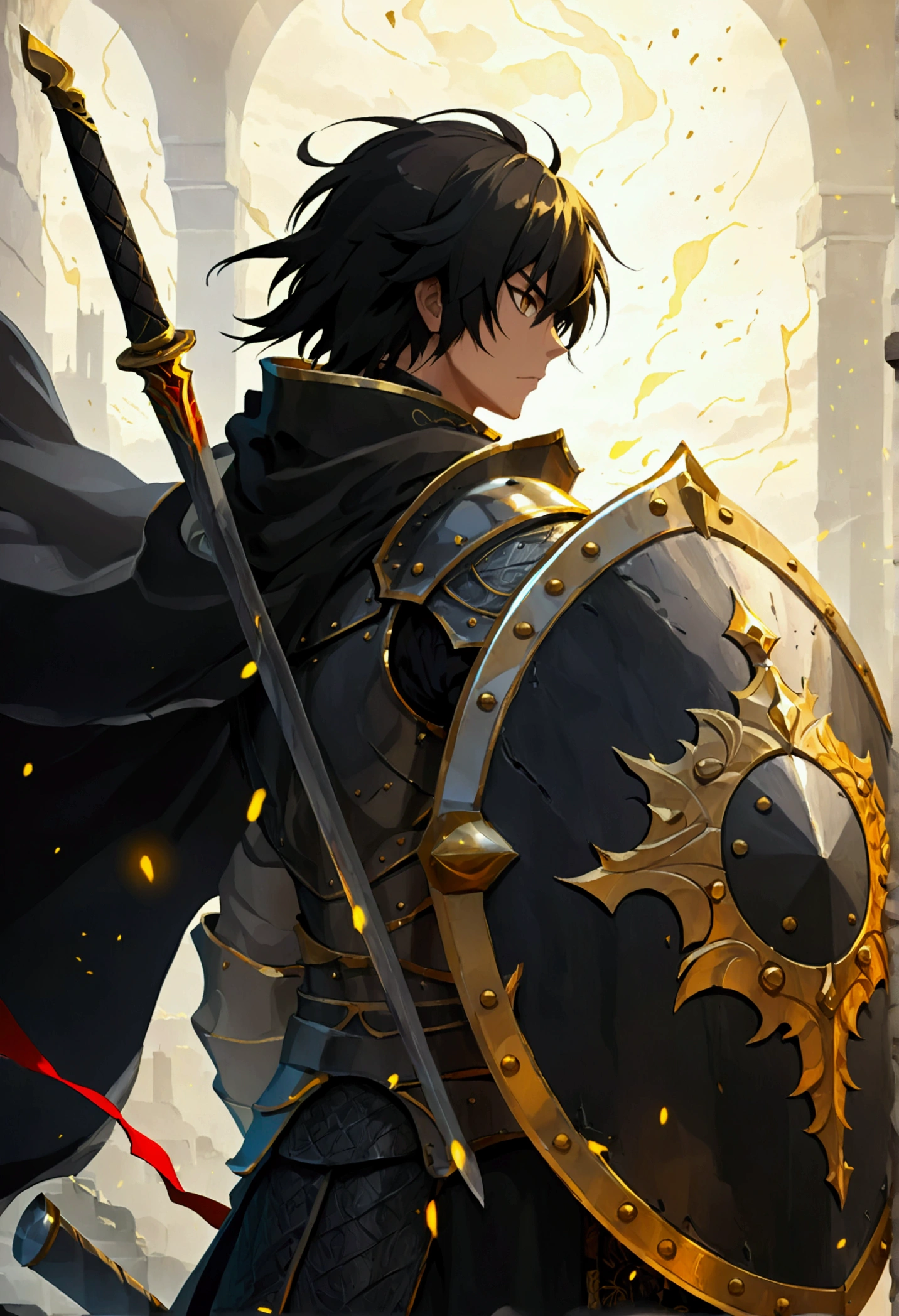  warrior, medieval equipment of a shield, a sword and a helmet, black with golden lines, (( dramatic studio lighting )), ((fine lines)), (( highly detailed )), (( Stunning graphics )), (( Detailed strokes )), ((atmospheric)), (( blurry background )), (( Ultra-thin 2D design )), (( Creative landscape )), (( highly detailed  anime painting)), (( Best Quality  2D strokes)), (( Best Quality )), ((  sharp focus)), (( high-octane representation )), (( 8K anime style )). black mate.