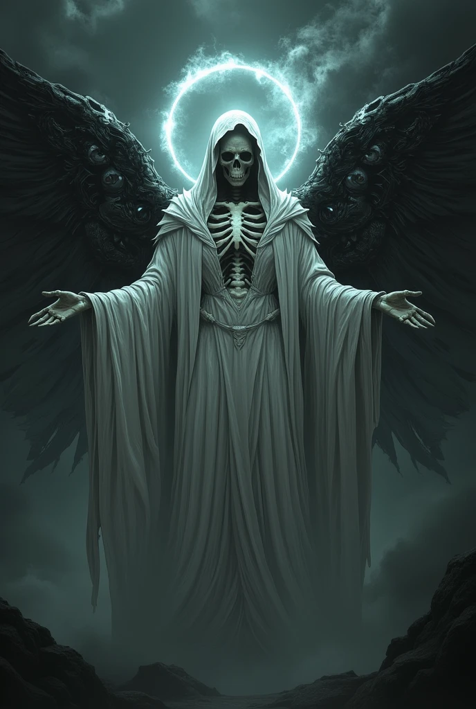 a skeletal figure in a white robe,hooded,with a halo,cybernetic wings with eyes,ascending into a black sky,gothic,hyper detailed,cinematic lighting,(best quality,8k,highres,masterpiece:1.2),ultra-detailed,(realistic,photorealistic,photo-realistic:1.37),dramatic lighting,dramatic angles,intricate details,digital art,3d render,fantasy,mystical,otherworldly,ethereal,moody