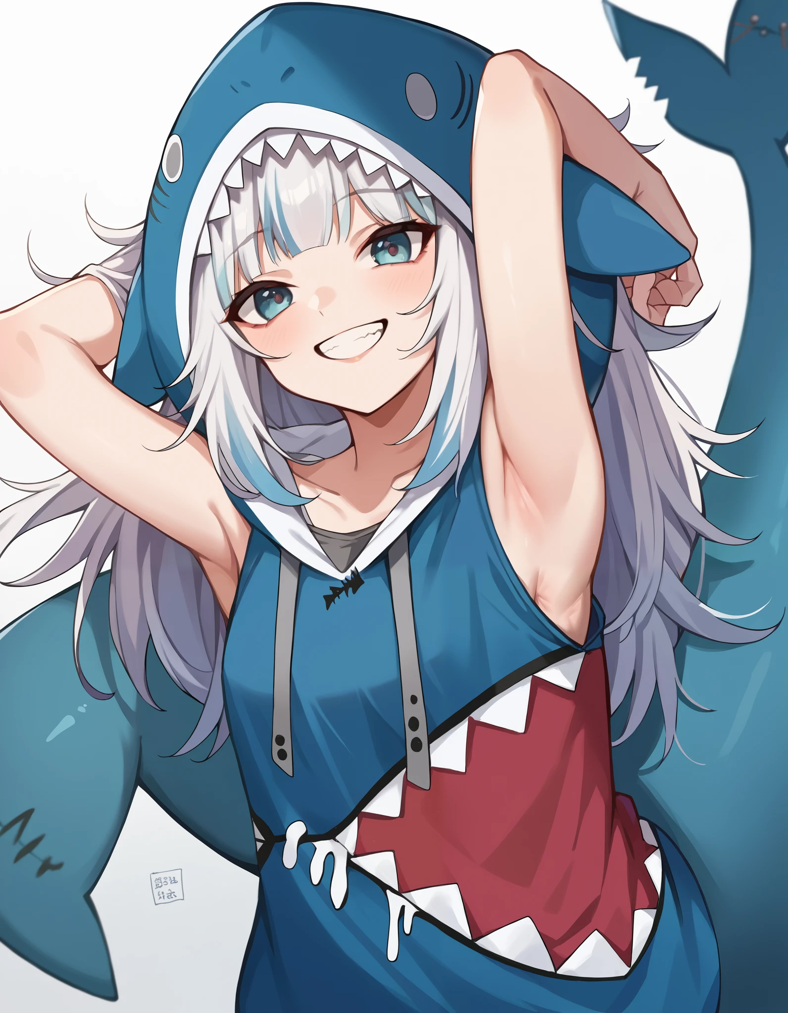  score_9,  score_6_up,  source_Anime,  1 girl, Alone,  penetrates , adult,  , ((Alone)), ((no text)), ((smile)), shark hoodie clothes,  armpits