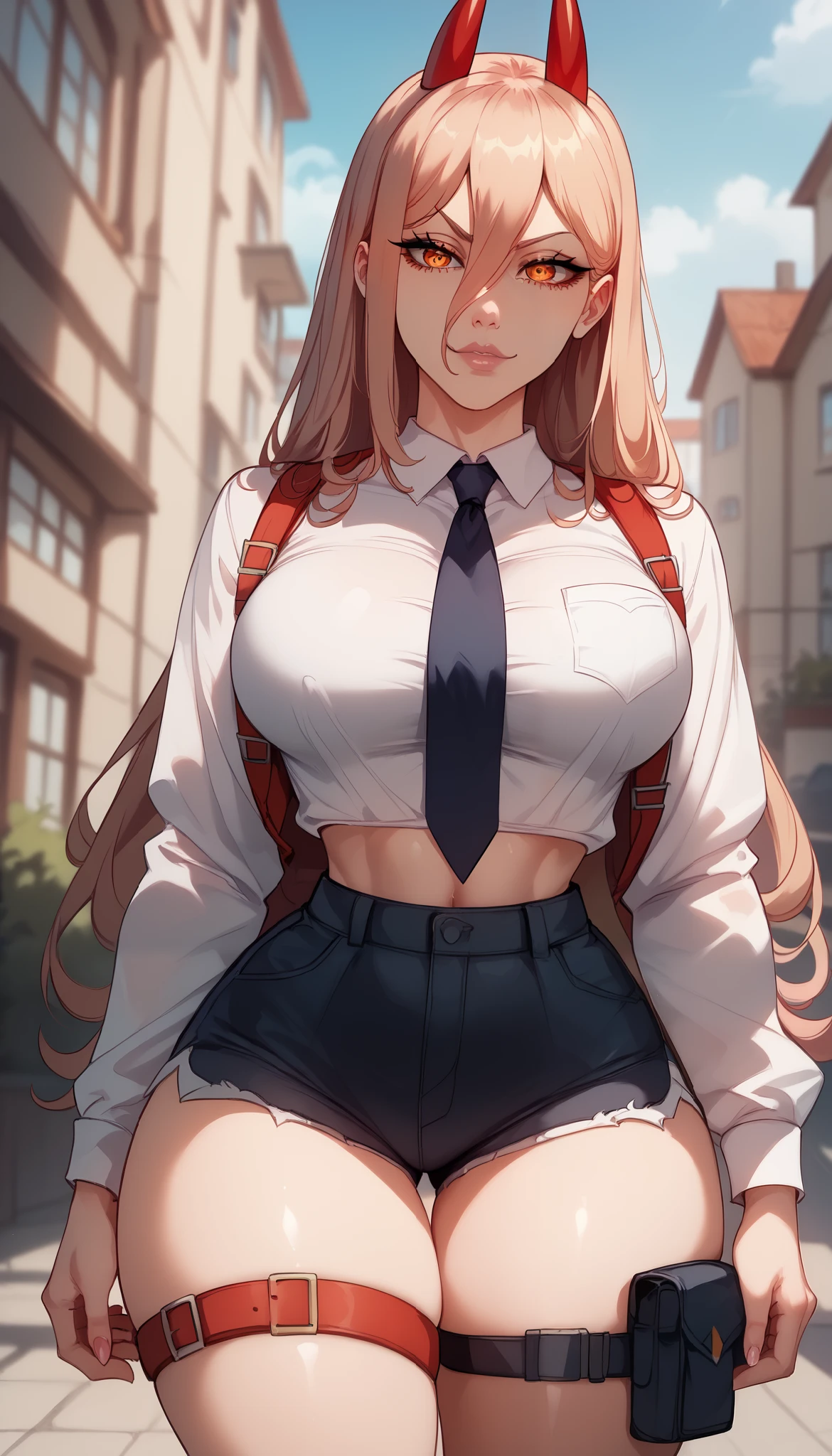 perfect eyes、 perfectly sexy face、 ultra detailed 、ultra perfect eyes、Power、Chainsaw Man、 shiny hair 、( Big breasts ), showing cleavage、 tight waist 、 thin waist 、 Thigh straps 、 shiny skin、Beleza、erotic、 looking at the viewer 、Power de Terno、