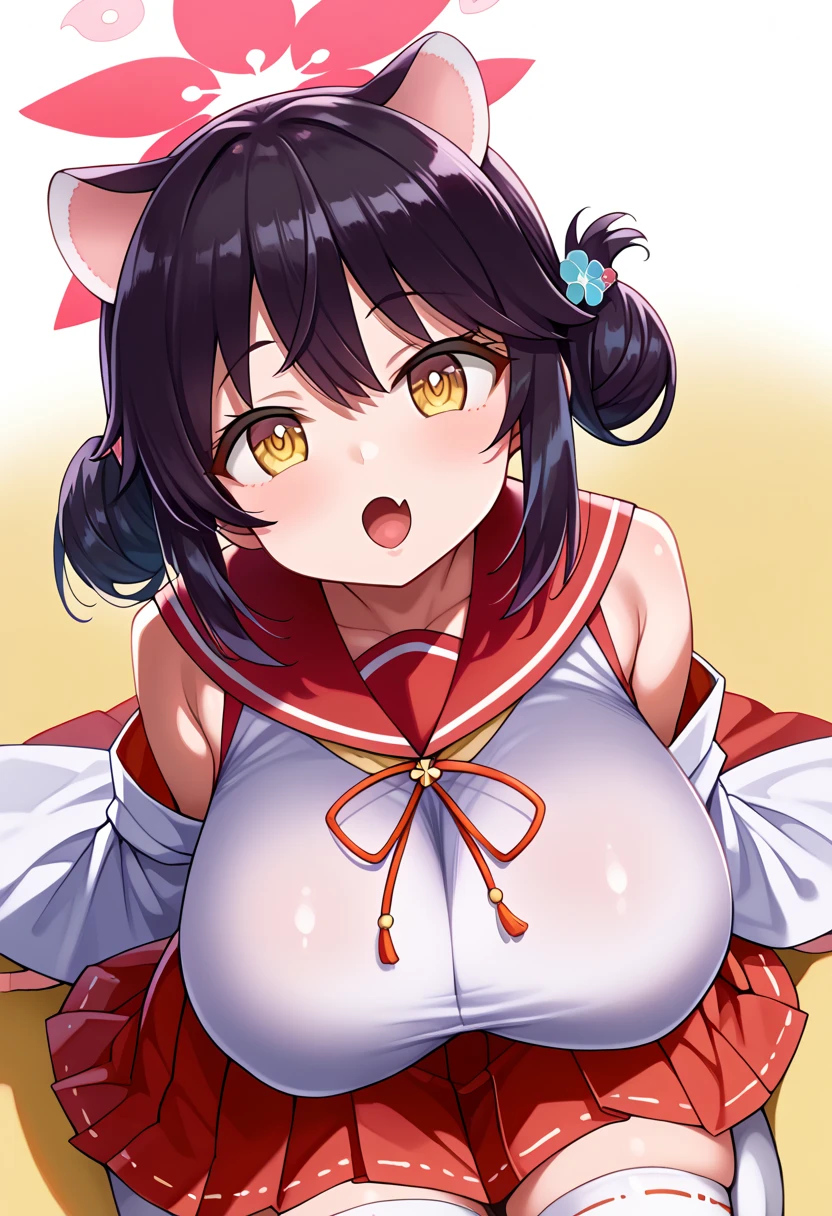 score_9_up, score_8_up,score_7_up,HD, (  Ultra HD Quality Details ), top quality,masterpiece, source_ ,  black hair, halo,  animal ears ,  Single Side Pan ,  , Big Breasts,Leather Fang,Kaedef , red sailor collar , White Kimono ,  sleeveless kimono , flower, heart,  sleeves are detachable,  wide sleeve over mouth,  Hakama Short Skirt ,  hakama skirt,  Red Skirt ,  White Thigh High Socks ,looking up at viewer,, from the above ratings  :safe、 zzz c up , Exploding Chest,特大の Big Breasts,Big Breasts, Big Breasts,超Big Breasts, supermilk ,big Breasts,big Breasts,Big Breasts,Big big breasts,bigger breasts,big,セクシーな大きなシリコンの Big Breasts,セクシーなビッグサイズのシリコン製Big Breasts, Saggy breasts,((垂れ下がった Big Breasts)),((重く垂れた Big Breasts:1.5))