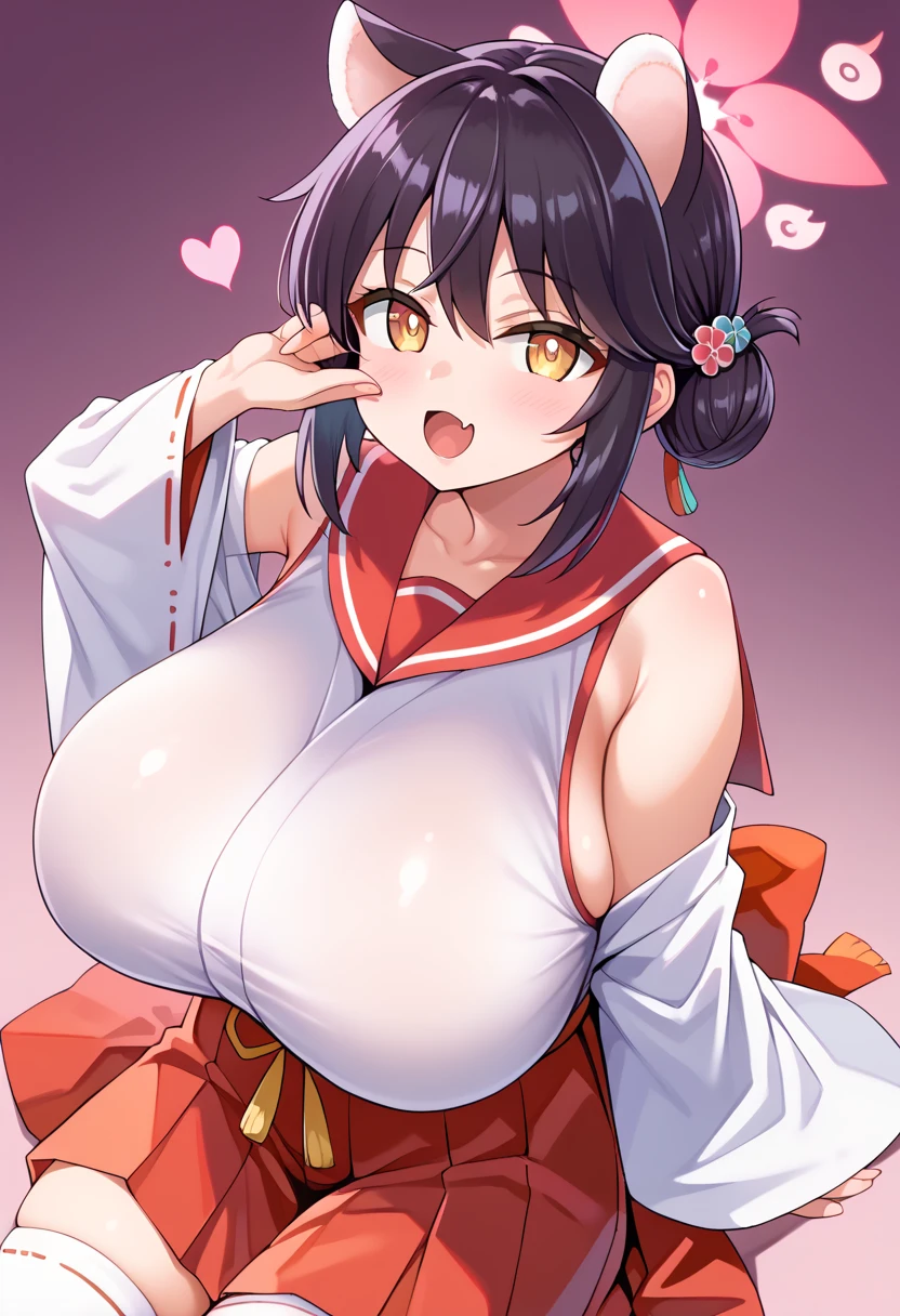 score_9_up, score_8_up,score_7_up,HD, (  Ultra HD Quality Details ), top quality,masterpiece, source_ ,  black hair, halo,  animal ears ,  Single Side Pan ,  , Big Breasts,Leather Fang,Kaedef , red sailor collar , White Kimono ,  sleeveless kimono , flower, heart,  sleeves are detachable,  wide sleeve over mouth,  Hakama Short Skirt ,  hakama skirt,  Red Skirt ,  White Thigh High Socks ,looking up at viewer,, from the above ratings  :safe、 zzz c up , Exploding Chest,特大の Big Breasts,Big Breasts, Big Breasts,超Big Breasts, supermilk ,big Breasts,big Breasts,Big Breasts,Big big breasts,bigger breasts,big,セクシーな大きなシリコンの Big Breasts,セクシーなビッグサイズのシリコン製Big Breasts, Saggy breasts,((垂れ下がった Big Breasts)),((重く垂れた Big Breasts:1.5))