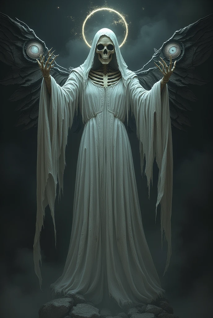 a skeletal figure in a white robe,hooded,with a halo,cybernetic wings with eyes,ascending into a black sky,gothic,hyper detailed,cinematic lighting,(best quality,8k,highres,masterpiece:1.2),ultra-detailed,(realistic,photorealistic,photo-realistic:1.37),dramatic lighting,dramatic angles,intricate details,digital art,3d render,fantasy,mystical,otherworldly,ethereal,moody